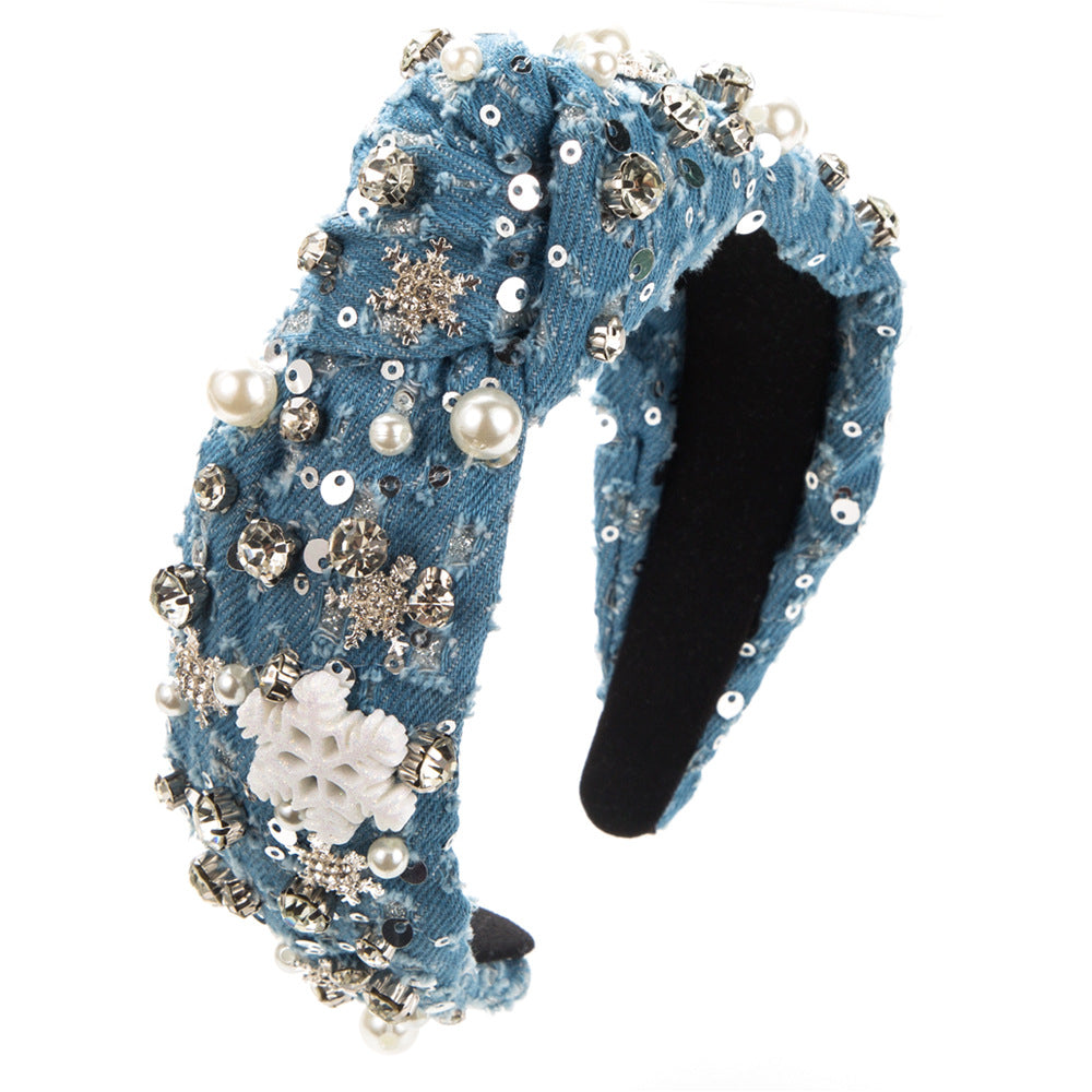 Wholesale Stylish High Quality Denim with Diamond and Pearl Headbands Christmas Day Party Hair Accessories
